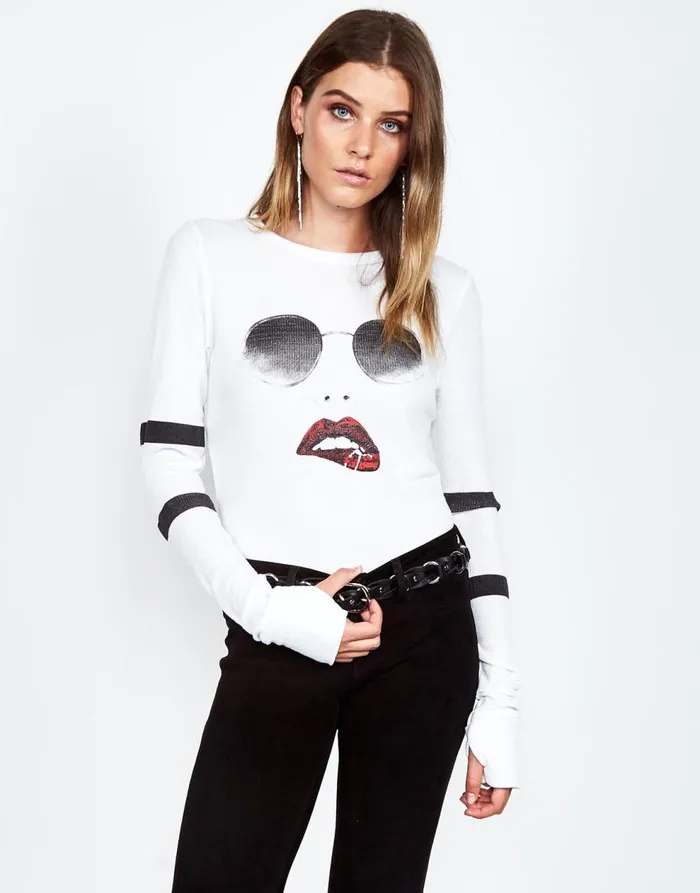Women039s McKinley Pierced Biting Lip Face White Lauren Moshi Long Sleeve