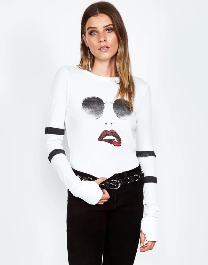 Women039s McKinley Pierced Biting Lip Face White Lauren Moshi Long Sleeve