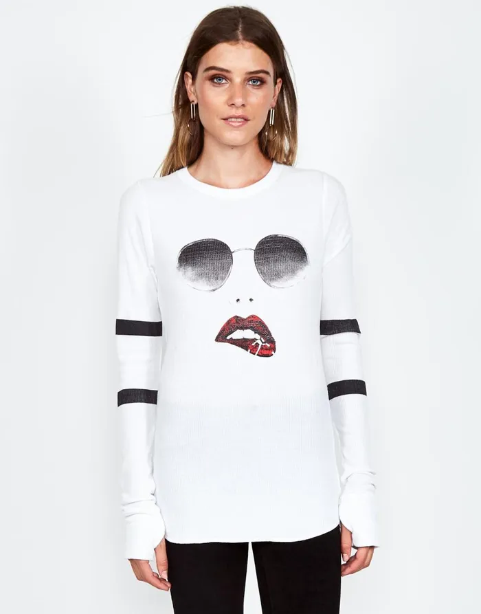 Women039s McKinley Pierced Biting Lip Face White Lauren Moshi Long Sleeve