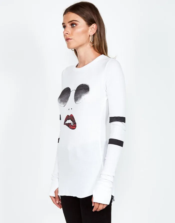 Women039s McKinley Pierced Biting Lip Face White Lauren Moshi Long Sleeve