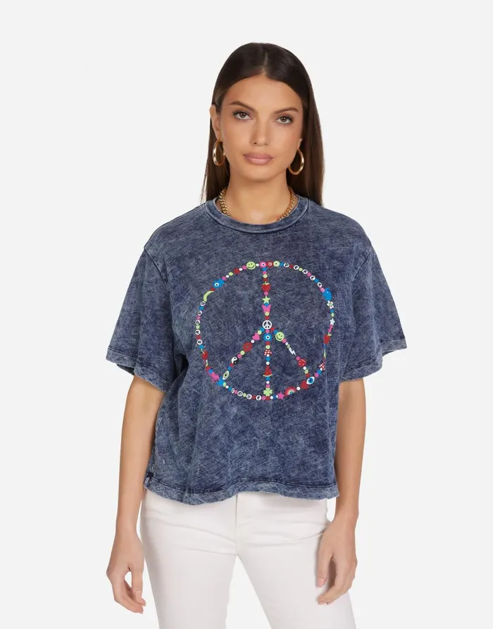 Women039s Rue Charm Peace Sign Acid Denim Lauren Moshi Short Sleeve