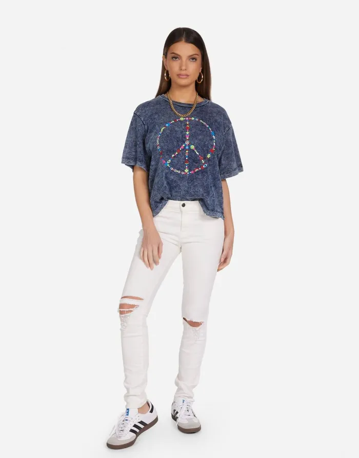Women039s Rue Charm Peace Sign Acid Denim Lauren Moshi Short Sleeve