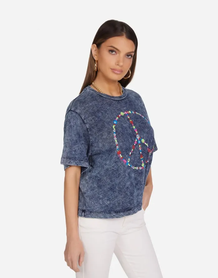 Women039s Rue Charm Peace Sign Acid Denim Lauren Moshi Short Sleeve