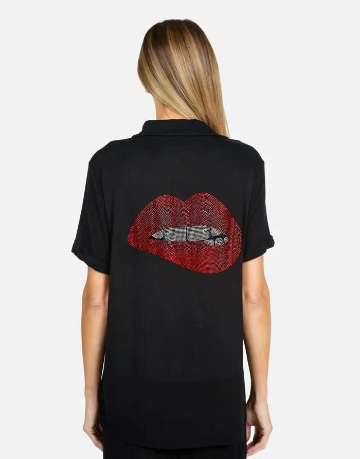 Women039s Waverly X Crystal Biting Lip Black Lauren Moshi Short Sleeve