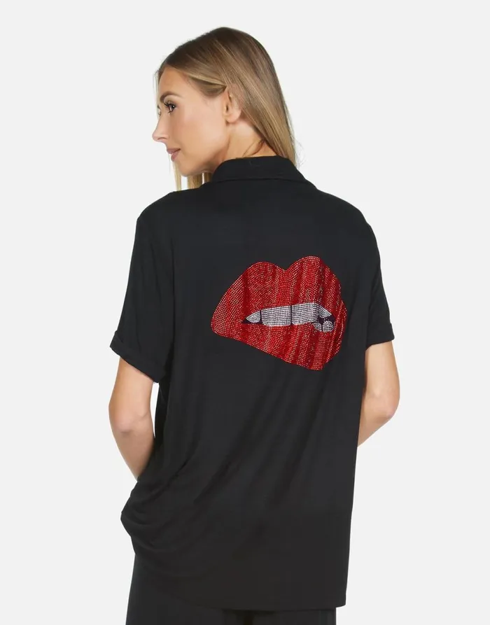 Women039s Waverly X Crystal Biting Lip Black Lauren Moshi Short Sleeve