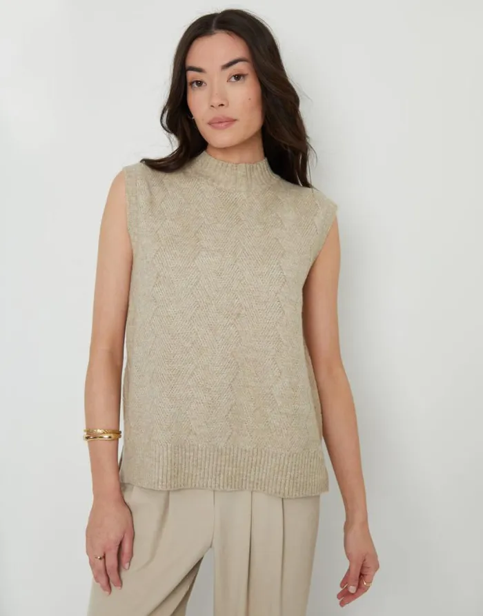 Women Beige Basket Stitch Knitted High Neck Vest Threadbare Jumpers