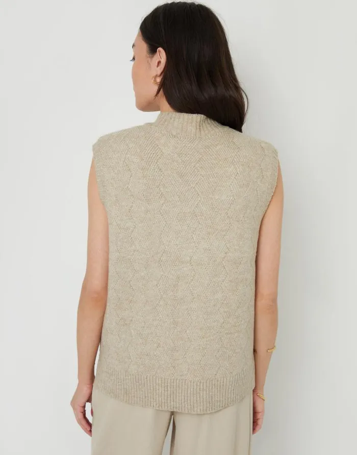 Women Beige Basket Stitch Knitted High Neck Vest Threadbare Jumpers Women Beige Basket Stitch Knitted High Neck Vest Threadbare Jumpers