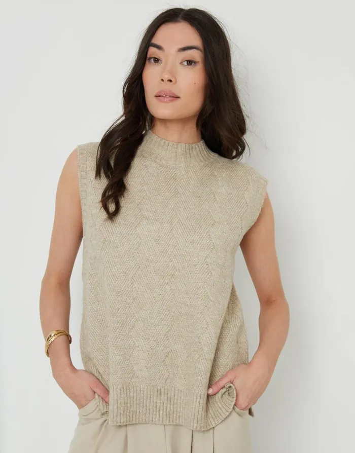 Women Beige Basket Stitch Knitted High Neck Vest Threadbare Jumpers Women Beige Basket Stitch Knitted High Neck Vest Threadbare Jumpers