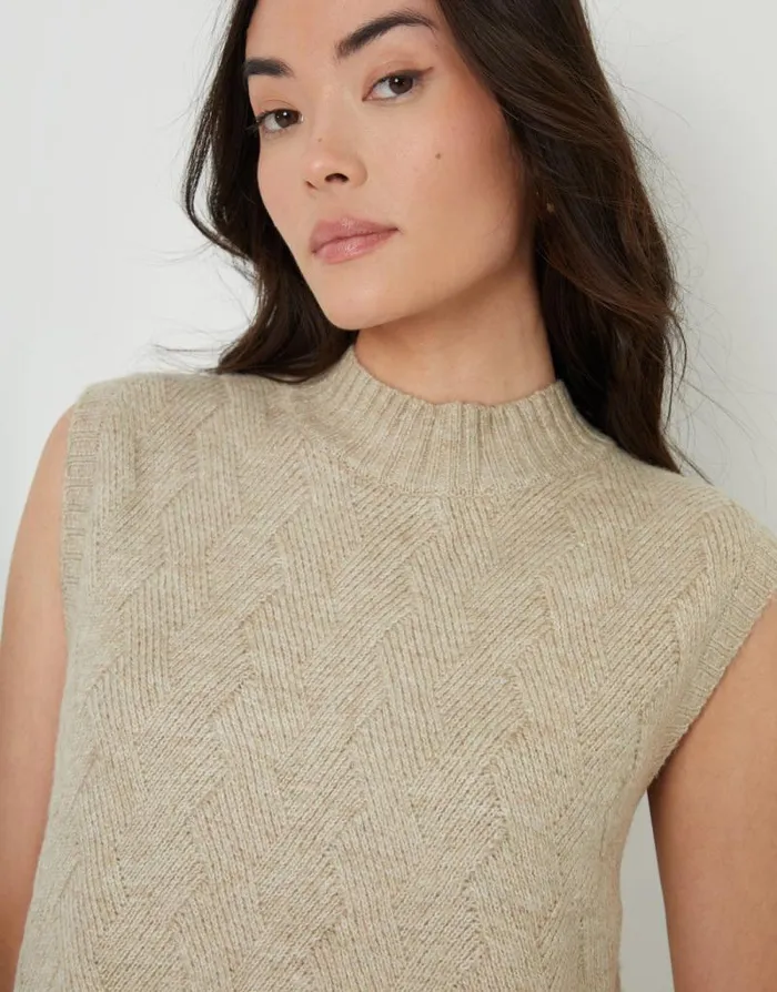 Women Beige Basket Stitch Knitted High Neck Vest Threadbare Jumpers Women Beige Basket Stitch Knitted High Neck Vest Threadbare Jumpers