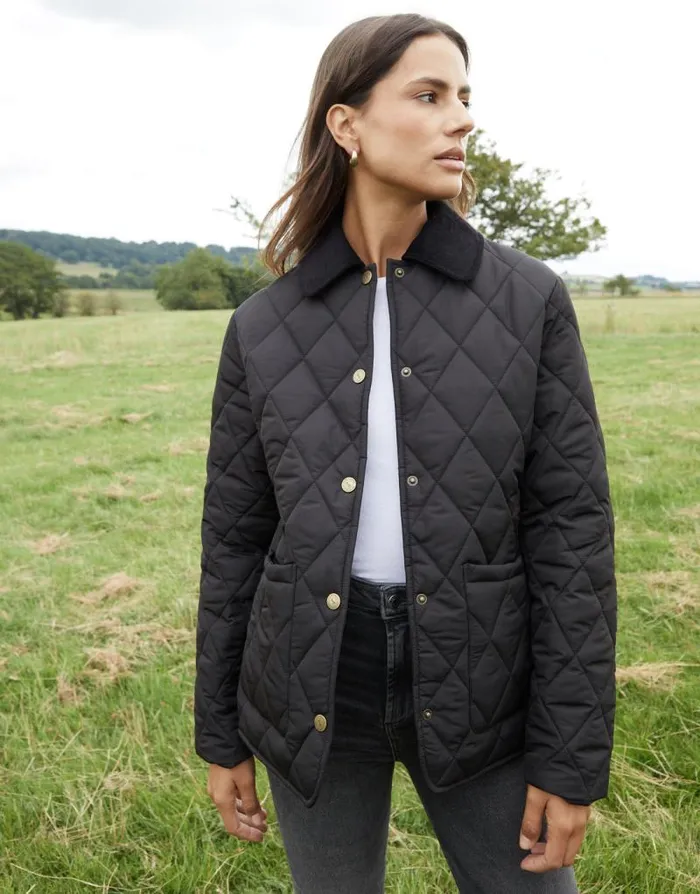 Women Black Cord Collar Diamond Quilted Heritage Jacket Threadbare Jackets