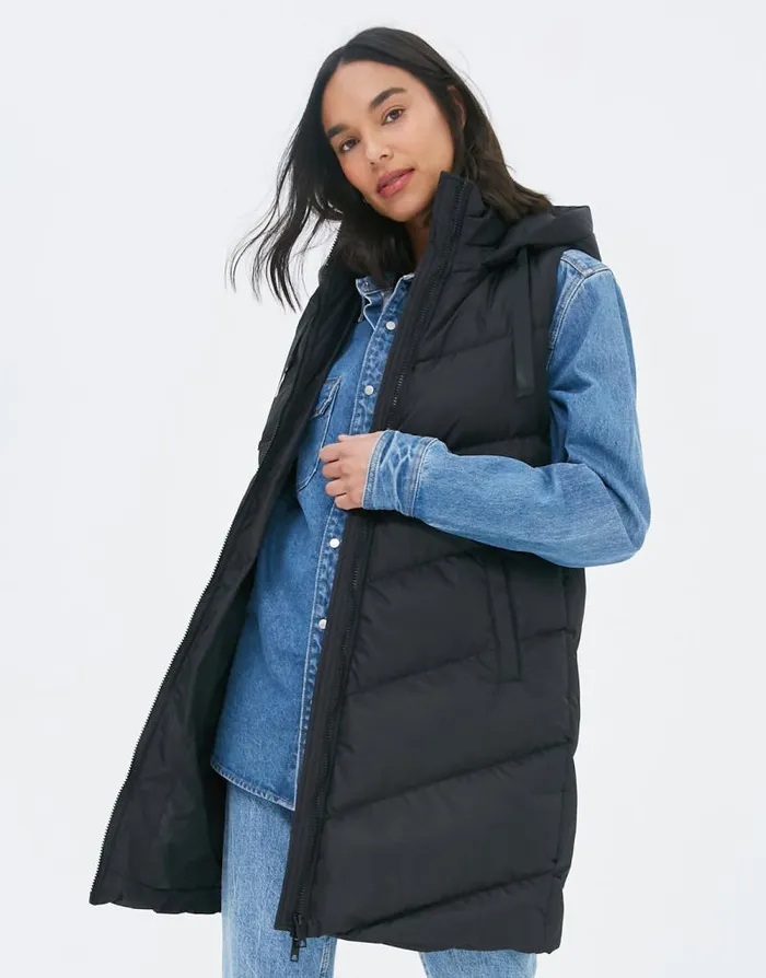 Women Black Longline Padded Gilet Threadbare Jackets