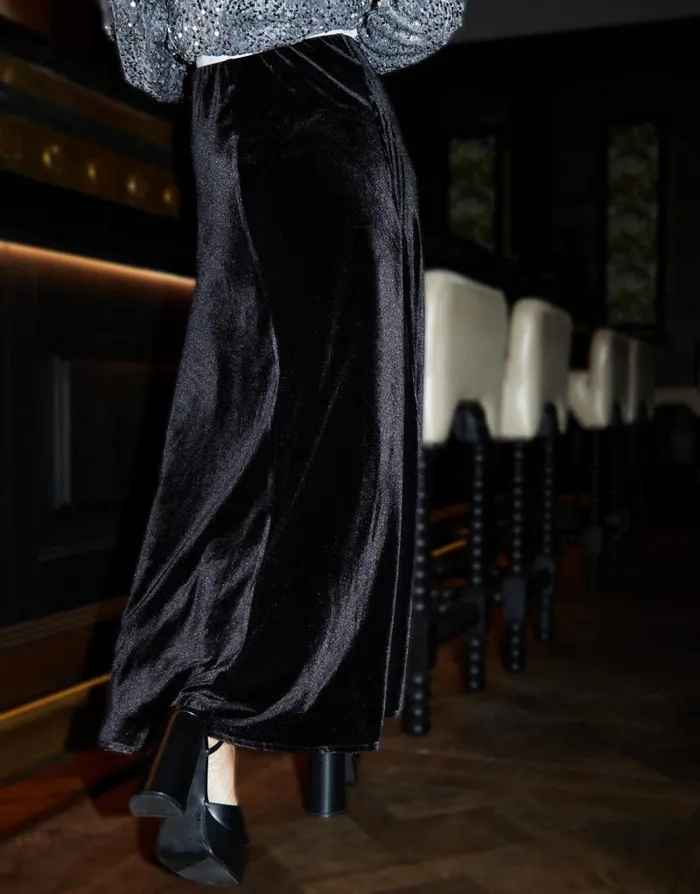 Women Black Velvet Flared Pull On Maxi Skirt Threadbare Skirts Women Black Velvet Flared Pull On Maxi Skirt Threadbare Skirts