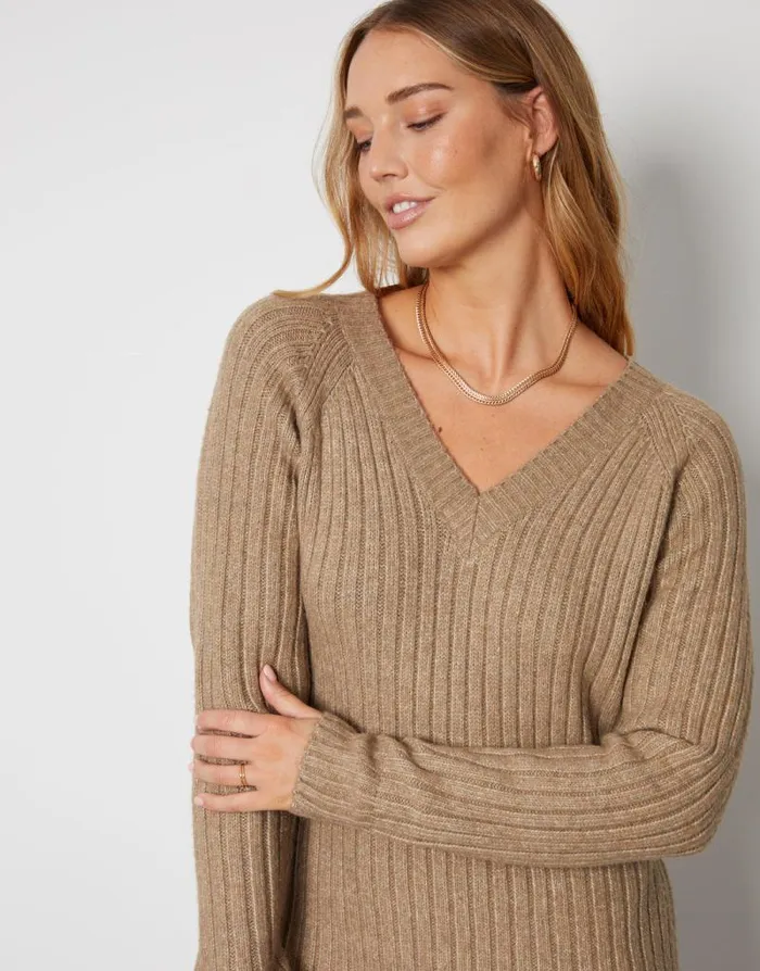 Women Camel V Neck Knitted Midi Dress Threadbare Knitted Dresses