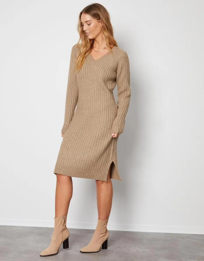 Women Camel V Neck Knitted Midi Dress Threadbare Knitted Dresses Women Camel V Neck Knitted Midi Dress Threadbare Knitted Dresses