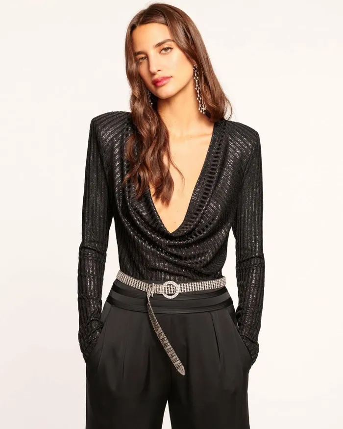 Women Carolina Cowl Neck Long Sleeve Top Black Foil Ramy Brook Tops