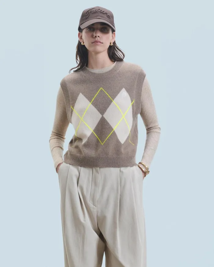 Women Cashmere Sweaters From Future Diamond Pattern Sleeveless Sweater Taupe