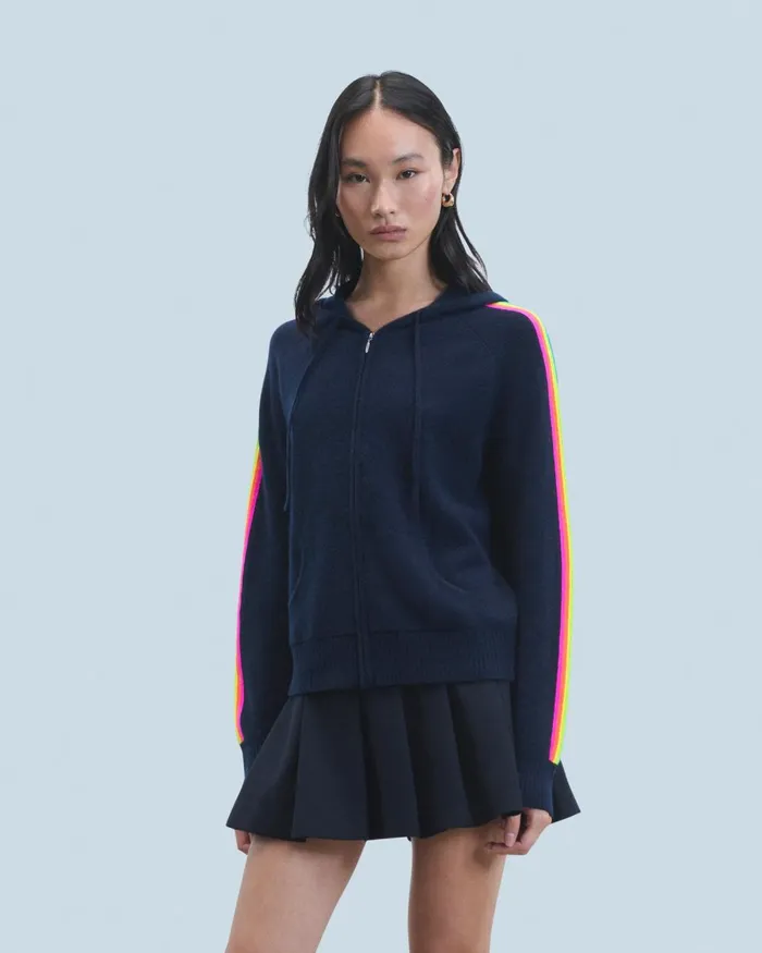 Women Cashmere Sweaters From Future Lightweight Hoodie With Multicolor Sleeve Stripes Navy Women Cashmere Sweaters From Future Lightweight Hoodie With Multicolor Sleeve Stripes Navy