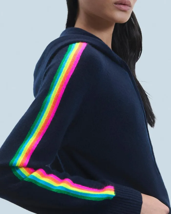 Women Cashmere Sweaters From Future Lightweight Hoodie With Multicolor Sleeve Stripes Navy
