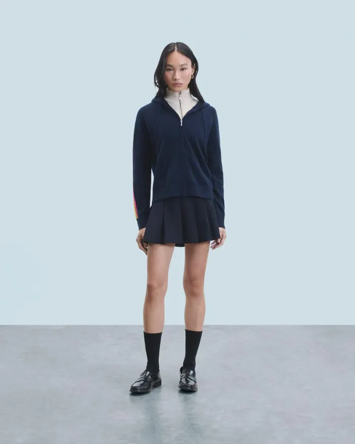 Women Cashmere Sweaters From Future Lightweight Hoodie With Multicolor Sleeve Stripes Navy