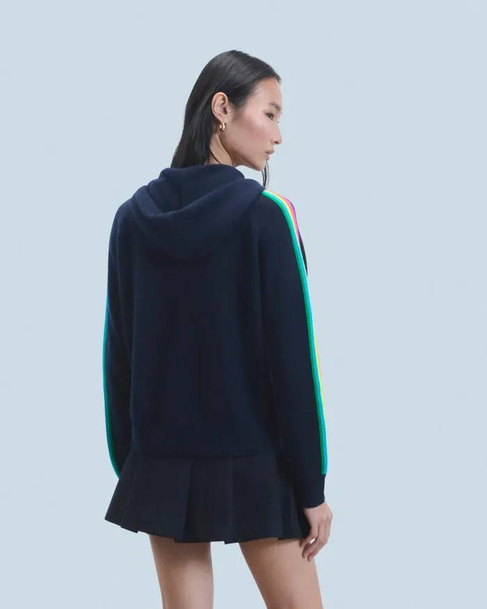 Women Cashmere Sweaters From Future Lightweight Hoodie With Multicolor Sleeve Stripes Navy