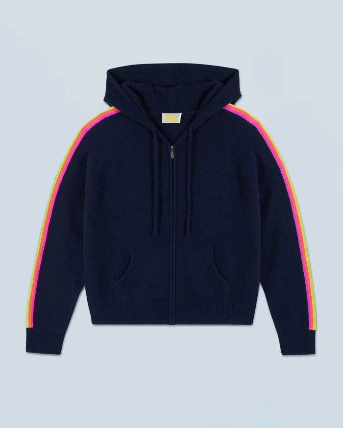 Women Cashmere Sweaters From Future Lightweight Hoodie With Multicolor Sleeve Stripes Navy