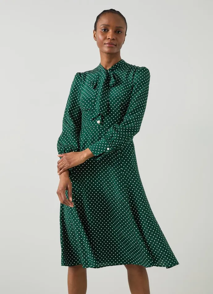 Women Dresses LKBennett Mortimer Green and Cream Polka Dot Silk Dress Green