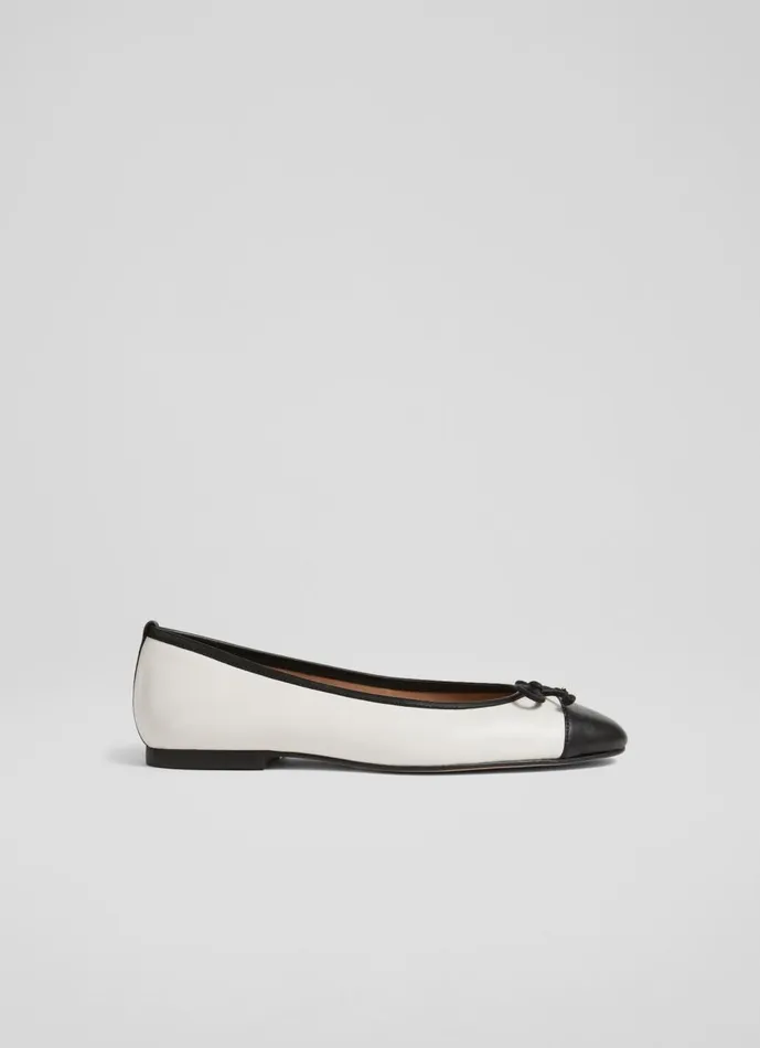 Women Flats LKBennett Kara White And Black Leather Toe Cap Ballet Flats White Black