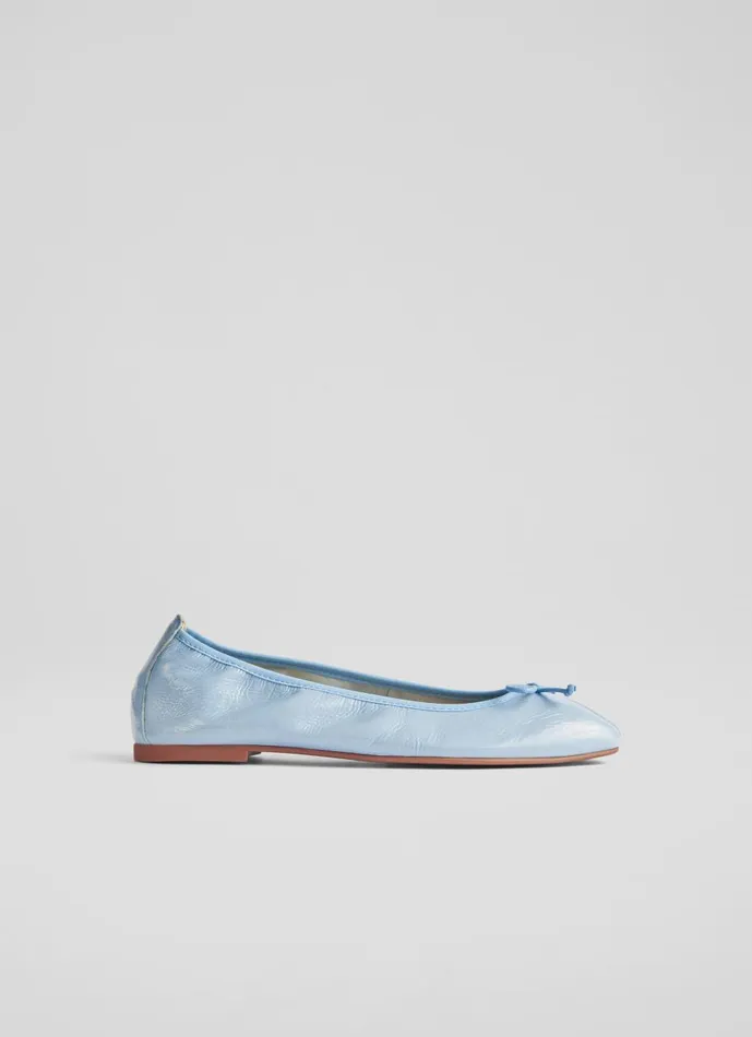 Women Flats LKBennett Trilly Blue Crinkled Patent Ballet Pumps Storm