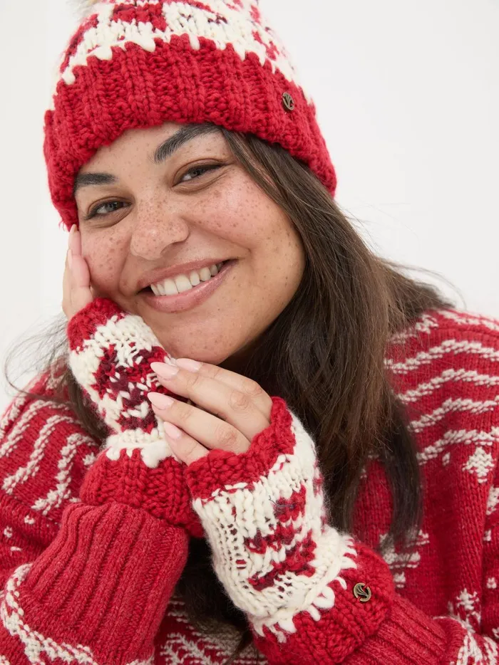 Women Gloves Fat Face Red Snowflake Cuffs Women Gloves Fat Face Red Snowflake Cuffs