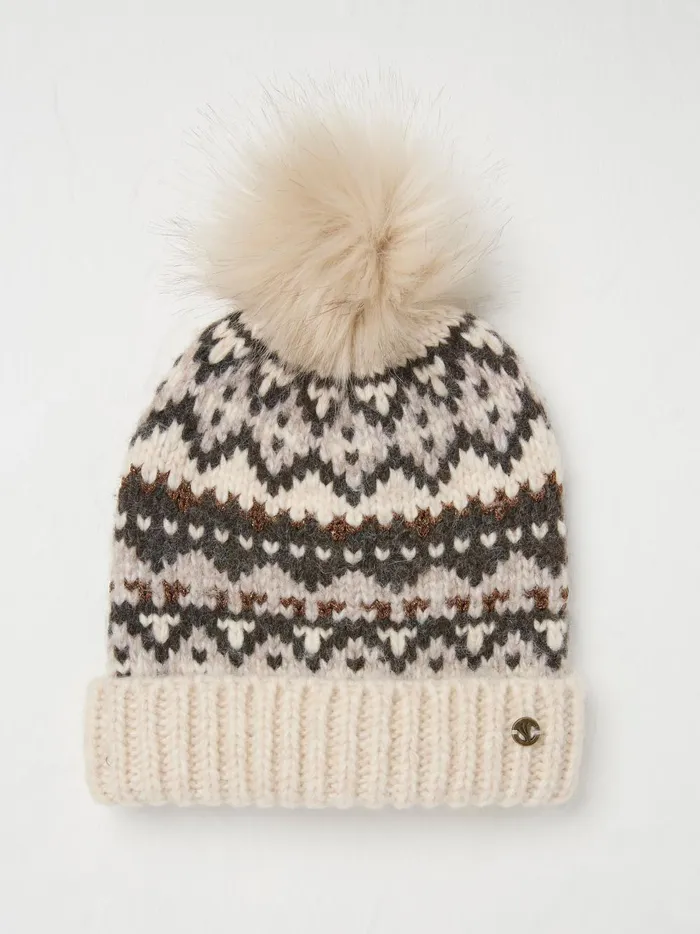 Women Hats Fat Face Ivory Fairisle Bobble Beanie