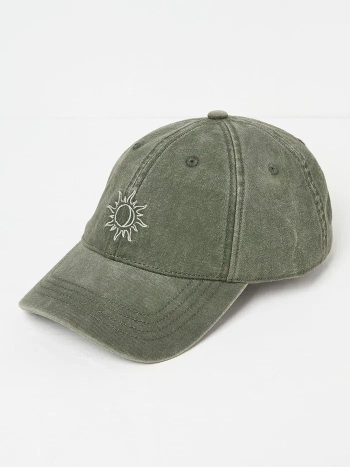 Women Hats Fat Face Khaki Green Embroidered Sun Cap