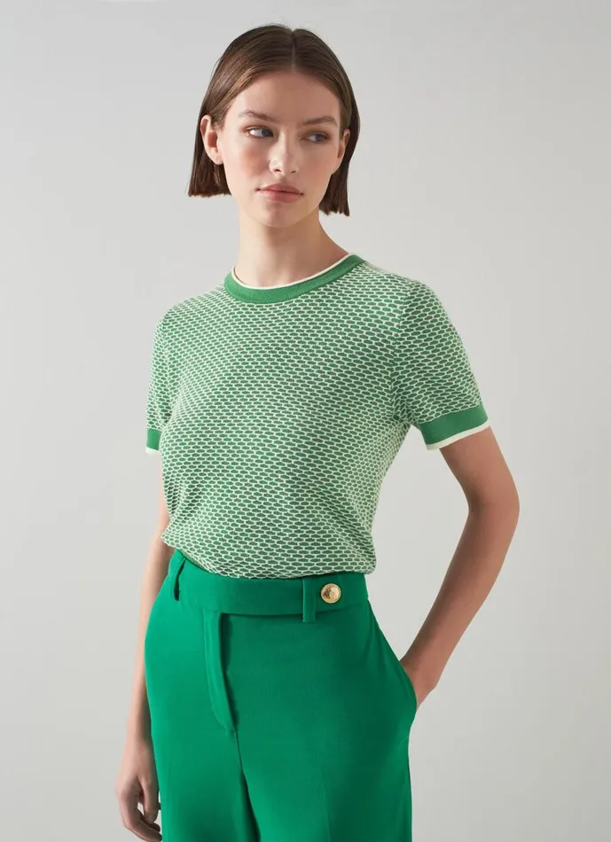 Women Knitwear LKBennett Honey Green And Cream CottonMerino Waffle Knit Top Fern Green Cream Women Knitwear LKBennett Honey Green And Cream CottonMerino Waffle Knit Top Fern Green Cream