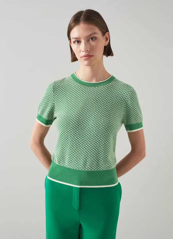 Women Knitwear LKBennett Honey Green And Cream CottonMerino Waffle Knit Top Fern Green Cream Women Knitwear LKBennett Honey Green And Cream CottonMerino Waffle Knit Top Fern Green Cream