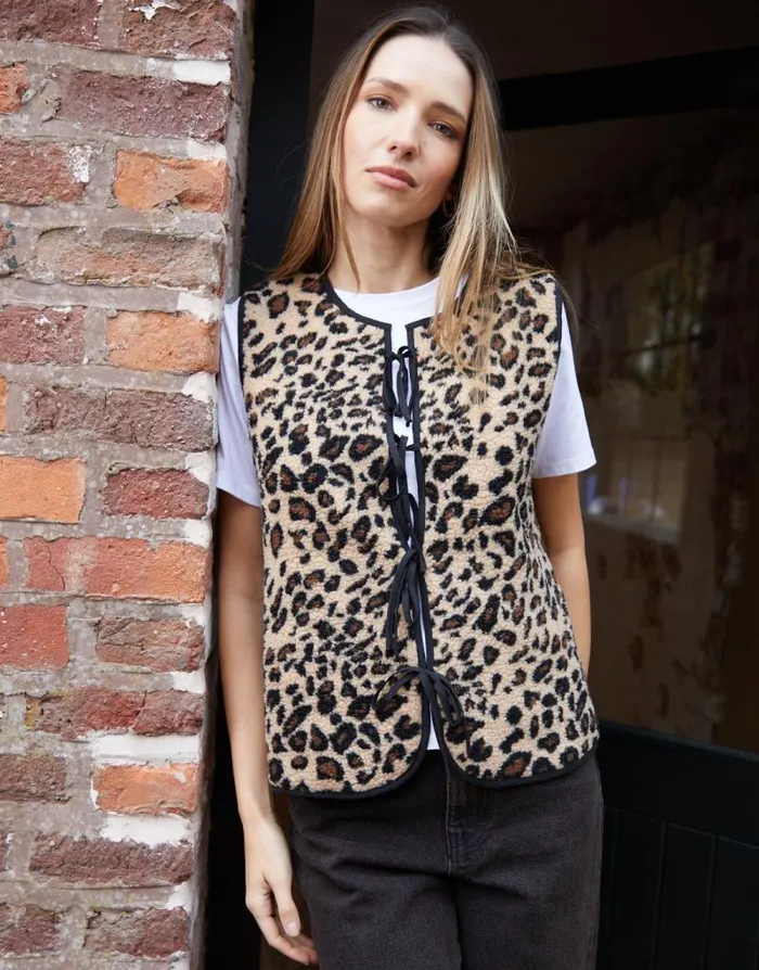 Women Leopard Print Tie Front Borg Gilet Threadbare Gilets