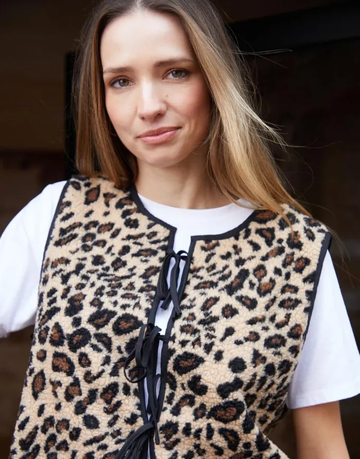 Women Leopard Print Tie Front Borg Gilet Threadbare Gilets