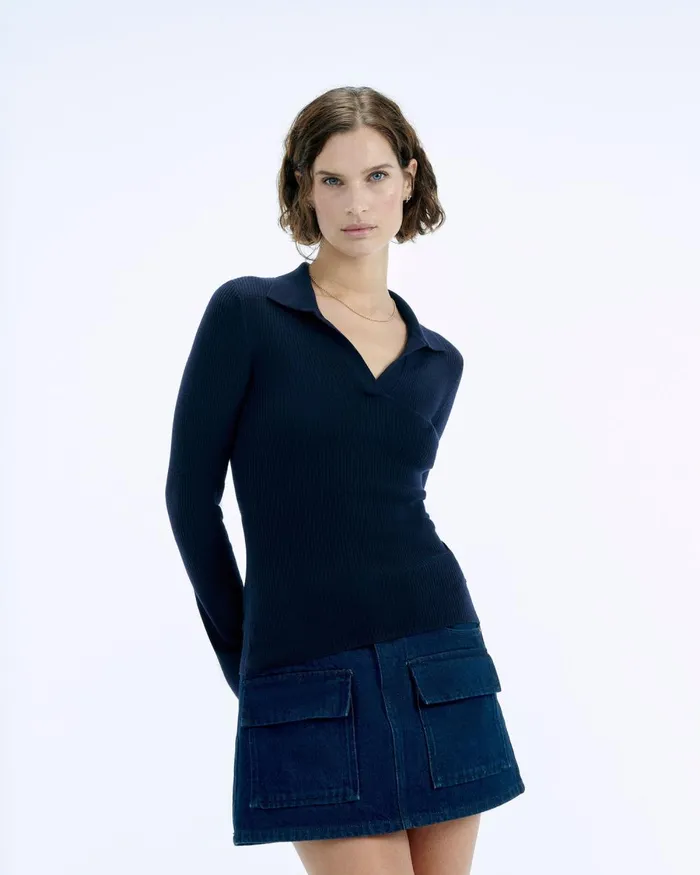 Women Merino Wool Sweaters From Future Jewel Ribbed Polo Neck Sweater Navy
