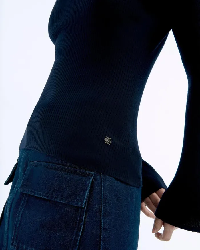 Women Merino Wool Sweaters From Future Jewel Ribbed Polo Neck Sweater Navy