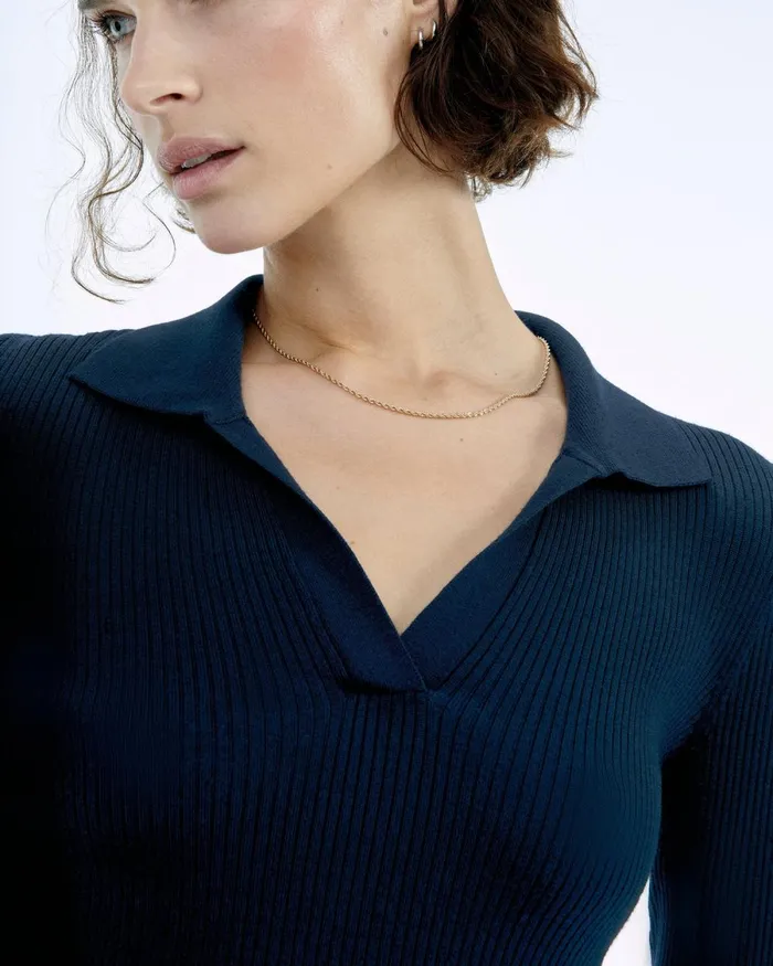 Women Merino Wool Sweaters From Future Jewel Ribbed Polo Neck Sweater Navy