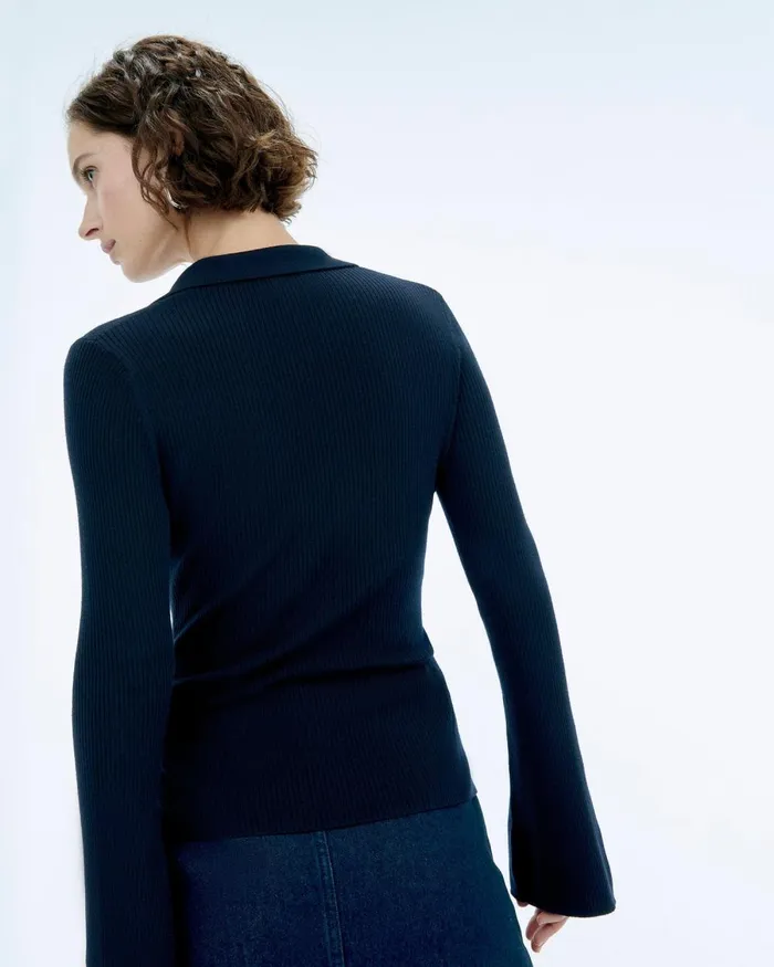Women Merino Wool Sweaters From Future Jewel Ribbed Polo Neck Sweater Navy