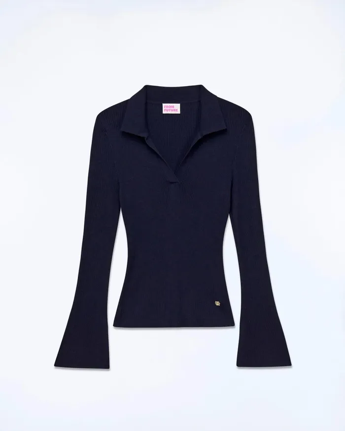 Women Merino Wool Sweaters From Future Jewel Ribbed Polo Neck Sweater Navy