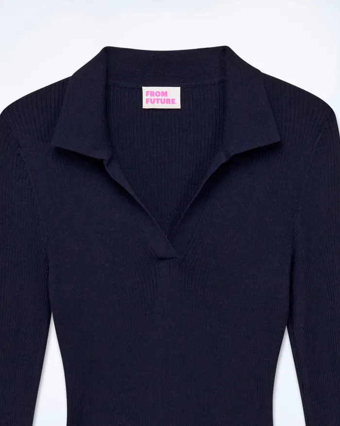 Women Merino Wool Sweaters From Future Jewel Ribbed Polo Neck Sweater Navy