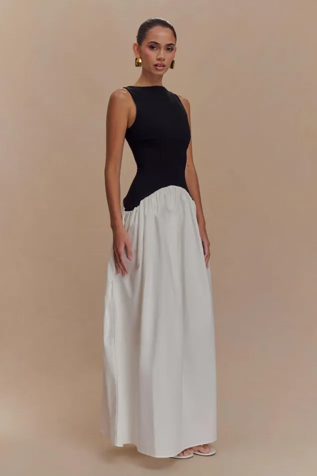 Women Meshki Dresses Acacia Contrast Sleeveless Maxi Dress 8211 BlackWhite