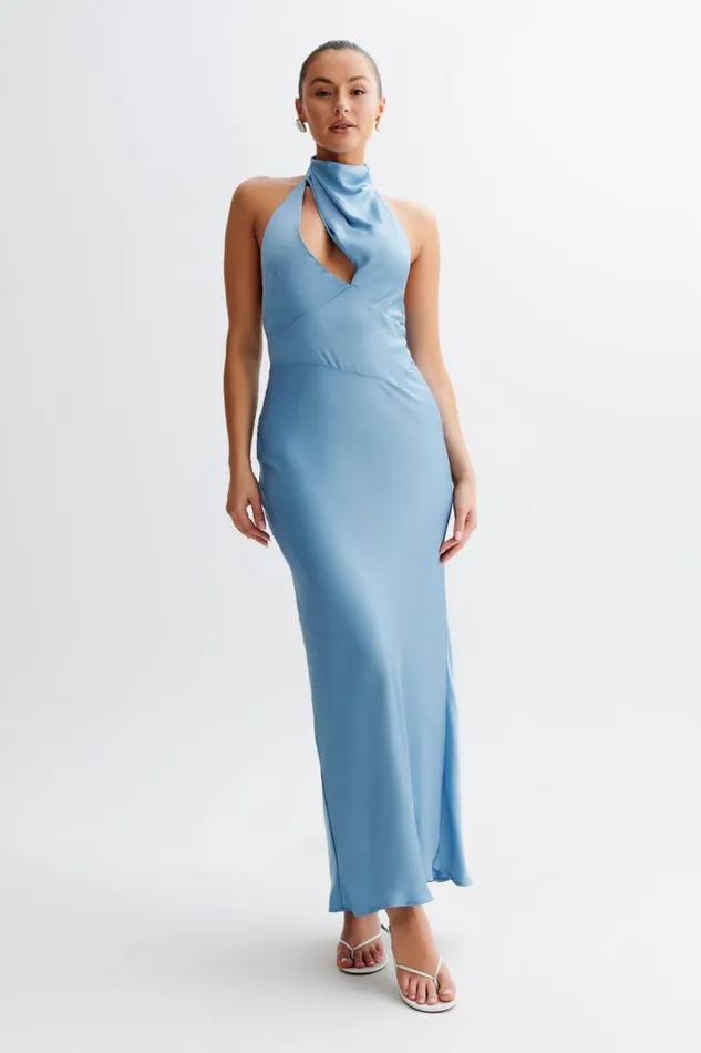 Women Meshki Dresses Belladonna Satin Halter Maxi Dress 8211 Iris Blue