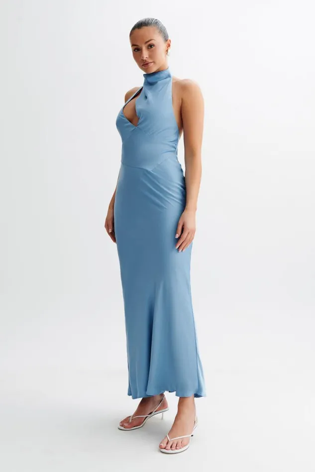 Women Meshki Dresses Belladonna Satin Halter Maxi Dress 8211 Iris Blue