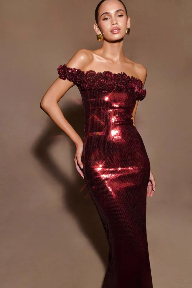 Women Meshki Dresses Carrie Sequin Rose Maxi Dress 8211 Mahogany