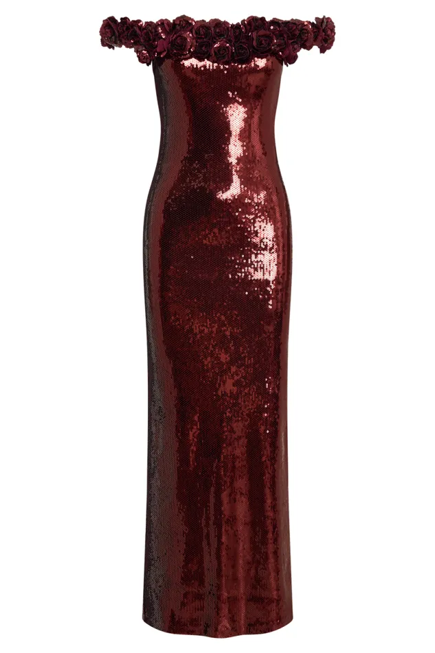 Women Meshki Dresses Carrie Sequin Rose Maxi Dress 8211 Mahogany