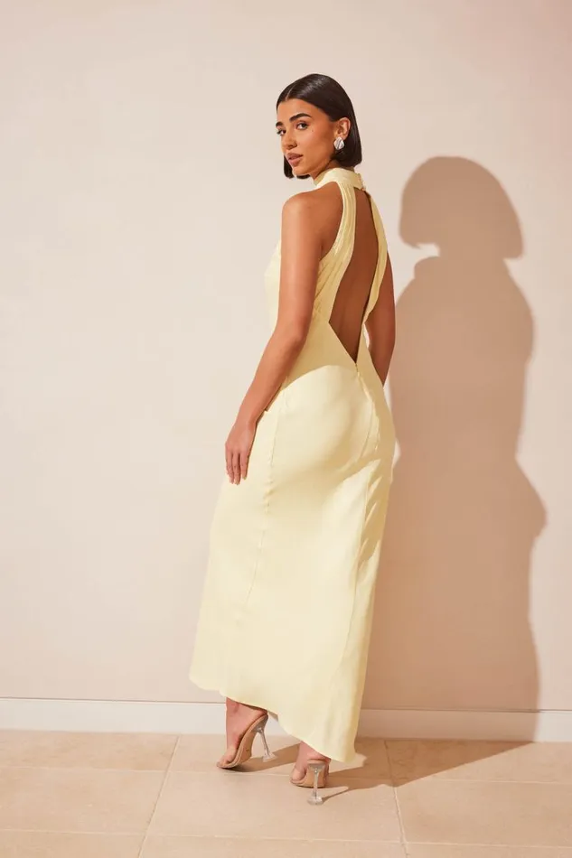 Women Meshki Dresses Claire Matte Satin Drape Back Maxi Dress 8211 Light Yellow