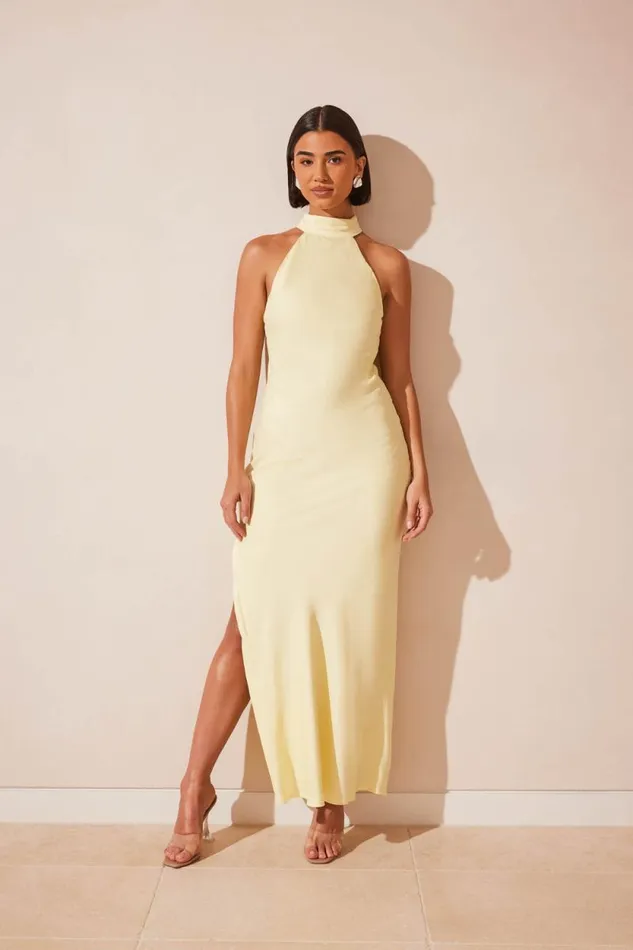 Women Meshki Dresses Claire Matte Satin Drape Back Maxi Dress 8211 Light Yellow Women Meshki Dresses Claire Matte Satin Drape Back Maxi Dress 8211 Light Yellow