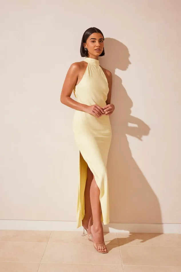 Women Meshki Dresses Claire Matte Satin Drape Back Maxi Dress 8211 Light Yellow Women Meshki Dresses Claire Matte Satin Drape Back Maxi Dress 8211 Light Yellow