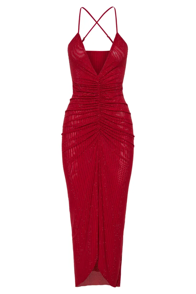 Women Meshki Dresses Emeraude Diamante Ruched Midi Dress 8211 Vermilion Red